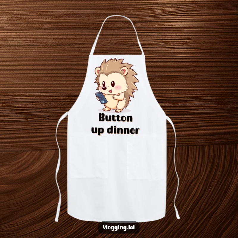 Funny hedgehog apron, humorously pressing a button on a remote control while cooking, a playful kitchen accessory for tech enthusiasts.