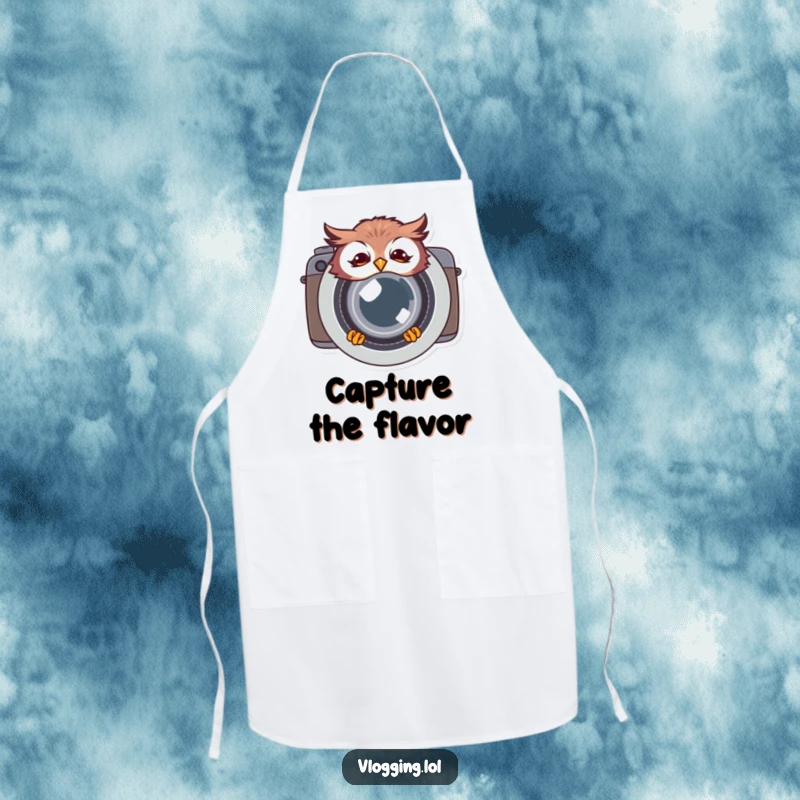 Funny giggling owl apron, peeking from behind a camera lens, a humorous cooking accessory for photographers who love to capture delicious moments.