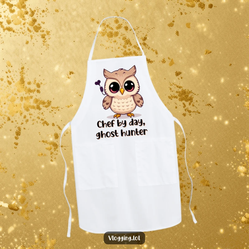Funny owl apron showing a joyful owl with wide eyes recording a spooky sound, kitchen accessory.