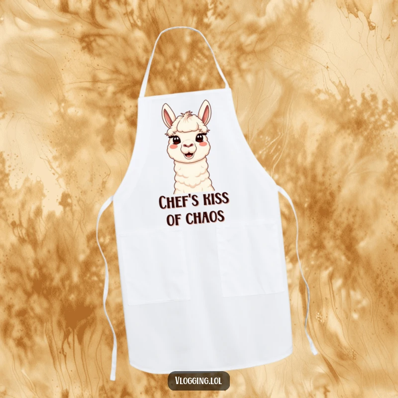 Funny Content Llama Apron featuring a cute llama making a silly, expressive face while cooking or creating, adding humor to the kitchen.