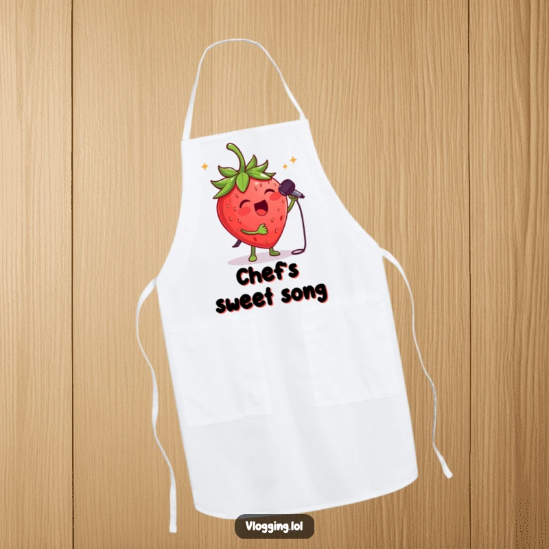 Funny strawberry singer apron: A cheerful strawberry with a microphone, ready to sing its heart out while cooking. Perfect funny gift.