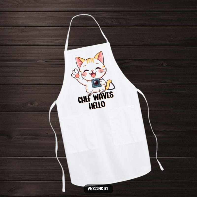 Funny cat gamer apron, waving enthusiastically at a tiny camera while cooking, humorous kitchen wear.