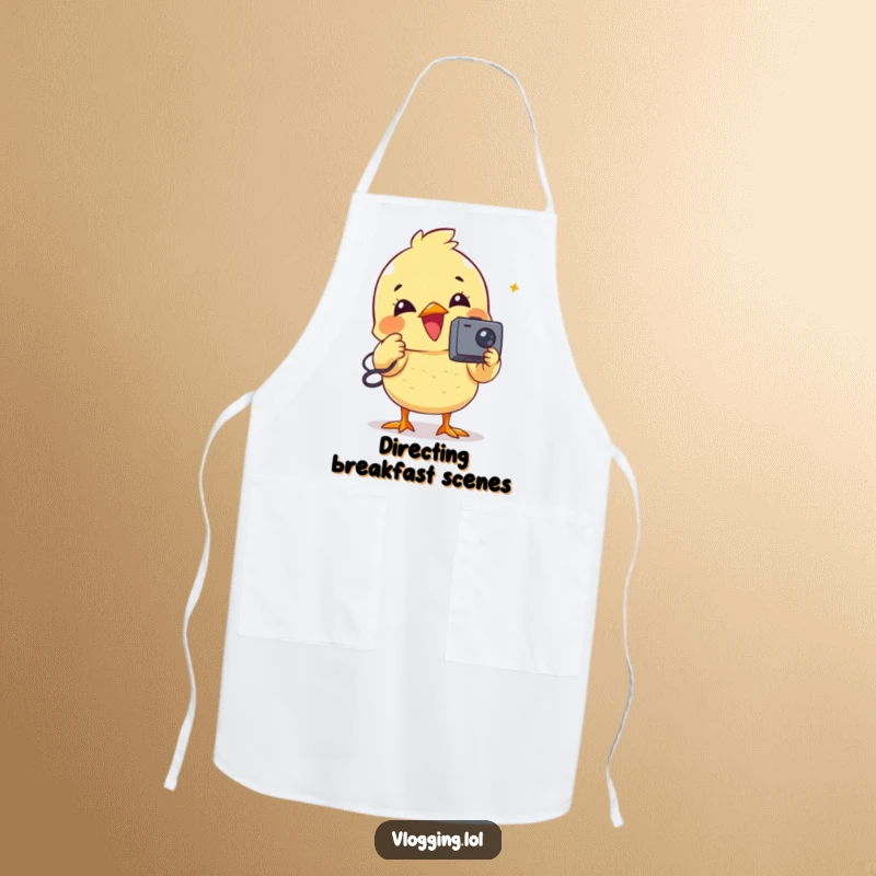 Funny apron featuring a delighted chick holding a tiny camcorder, ready to film cooking.