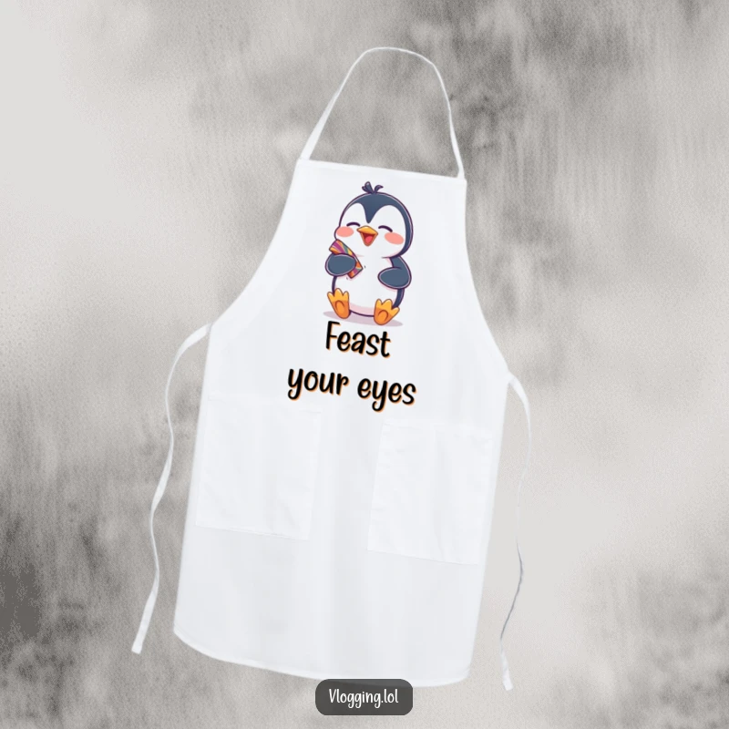 Funny apron with a giggling penguin excitedly showing off a colorful item, bringing humorous joy and a cheerful personality to cooking.