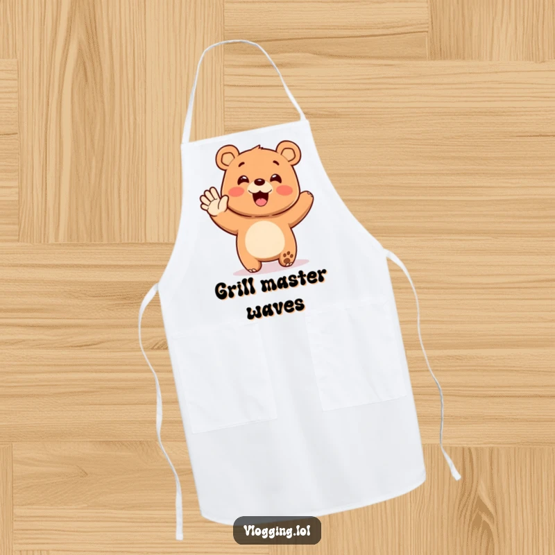 Funny apron with a happy bear enthusiastically waving at an unseen audience, bringing humorous warmth and a welcoming personality to cooking.