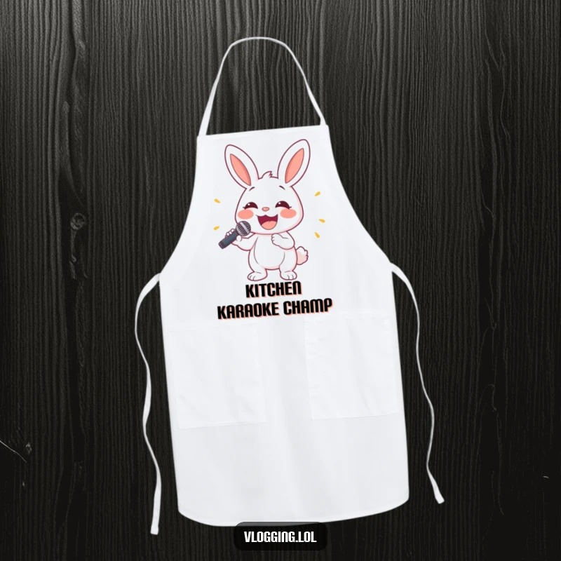 Funny bunny apron featuring a happy rabbit holding a microphone with a big smile, perfect for kitchen performances.