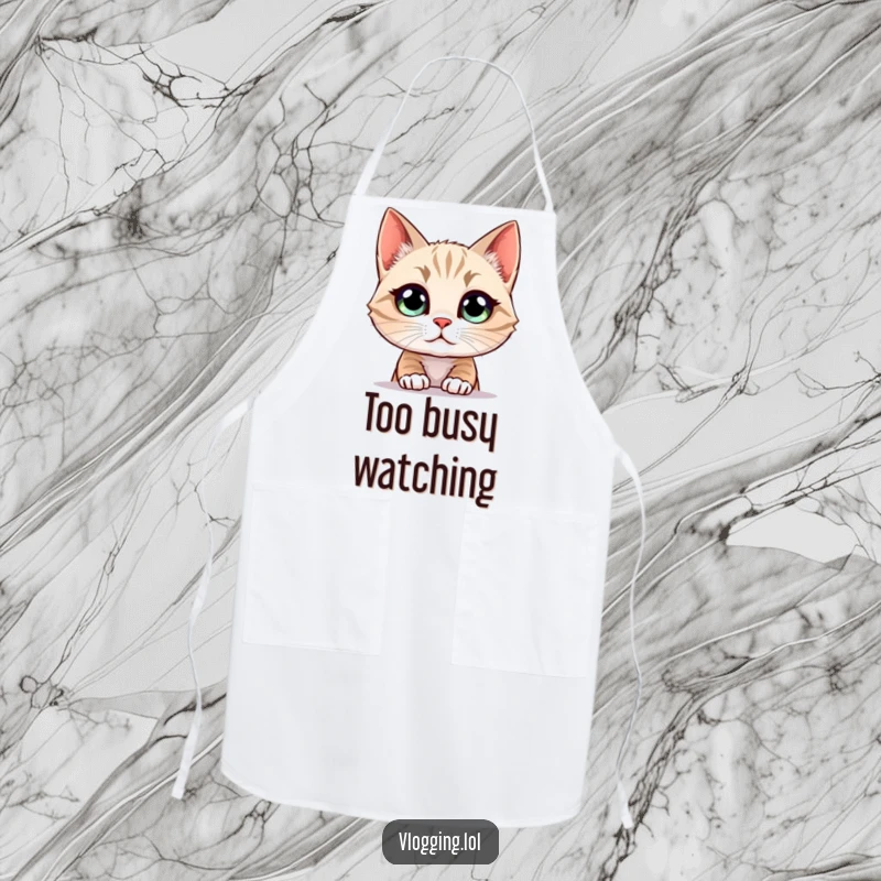 Funny Cat Apron showing a cat mesmerized by a screen while cooking, a humorous and practical kitchen accessory.