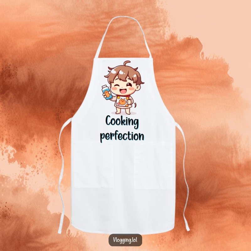 Funny apron with a cheerful character smiling brightly while demonstrating a product, ideal for kitchen tasks.