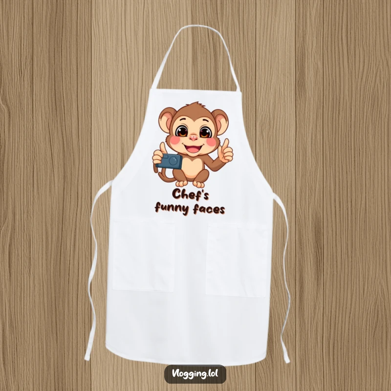 Funny Chef Monkey Apron depicting a mischievous monkey filming itself with various funny faces, perhaps while preparing a meal.