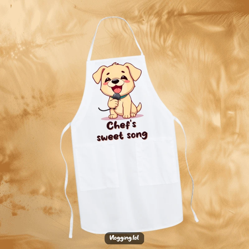 Funny Chef Puppy Apron depicting a delighted puppy holding a microphone and singing loudly, perhaps while preparing a dish.
