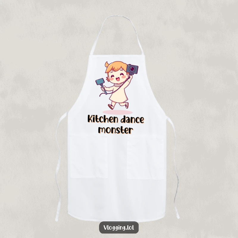 Funny apron illustrates a character in a kitchen setting, dancing energetically with a camera on a selfie stick, ready to cook.