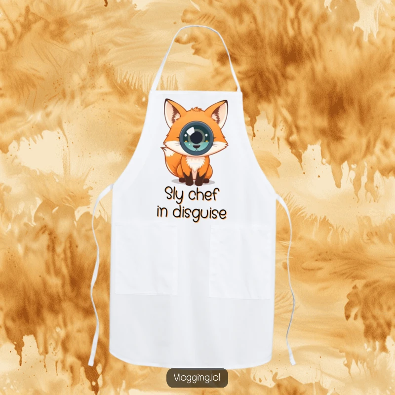 Funny apron showing a curious fox looking directly into the camera lens while preparing food. Perfect for kitchens.