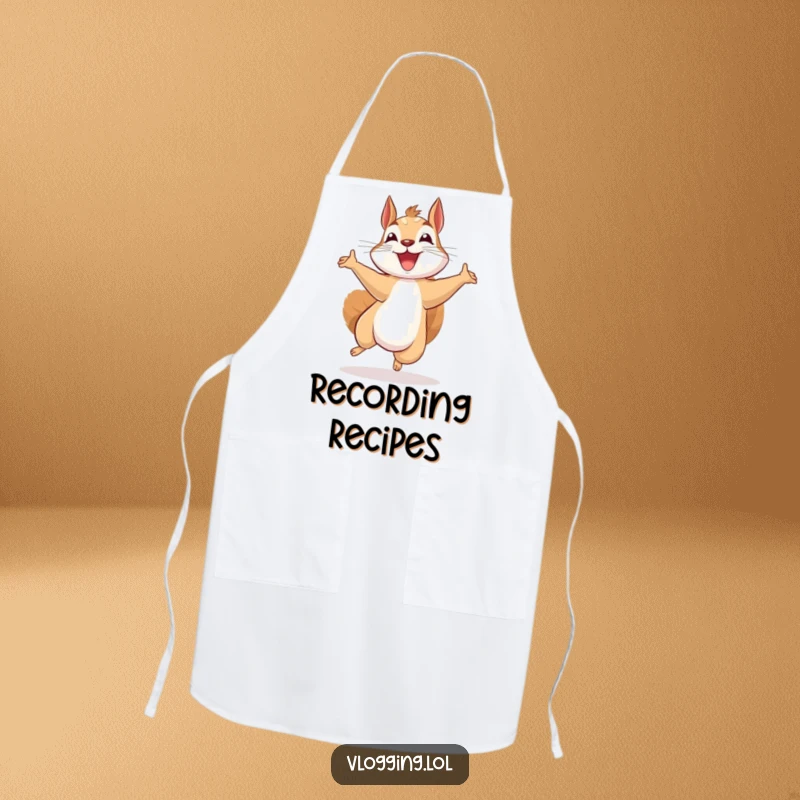 Funny beaming squirrel apron, jumping excitedly while recording, a humorous cooking accessory for creators who love to share their passion.