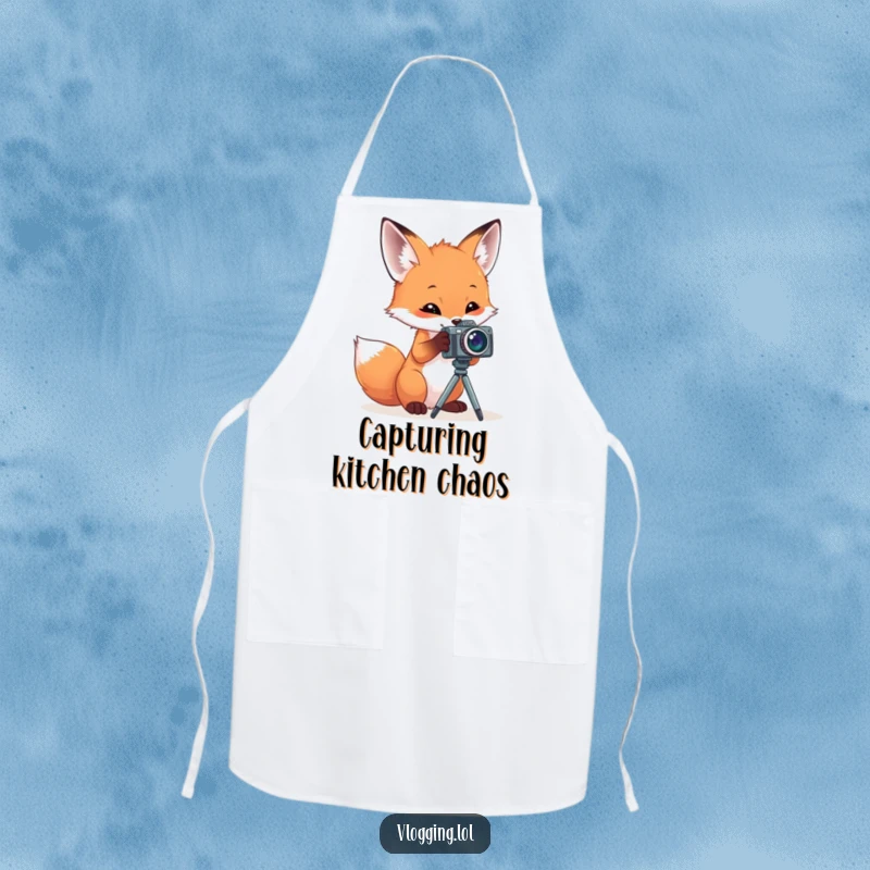 Funny apron featuring a curious fox engrossed in operating a tiny camera on a stand, ideal for kitchen activities and humorous appeal.