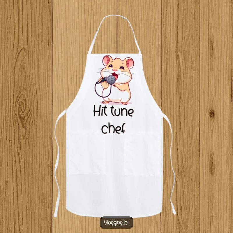 Funny apron with an excited hamster holding a microphone, ready to sing, adding a humorous and energetic flair to kitchen activities.