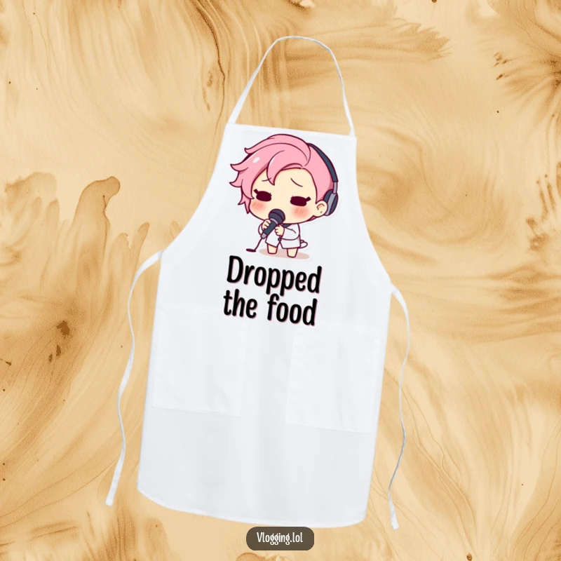 Funny apron depicting a surprised character dropping a microphone, perhaps mid-cooking disaster.
