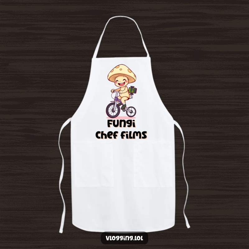 Funny mushroom unicyclist apron: A grinning mushroom on a unicycle holds filming gear, ready to capture culinary success. Perfect funny gift.