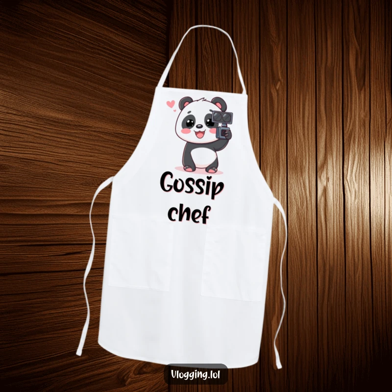 Funny Panda Apron showing an animated panda chatting into a video recorder, a humorous and practical kitchen accessory.