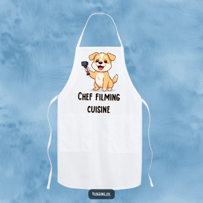 Funny dog apron showing a playful dog wagging its tail enthusiastically while filming, kitchen accessory.
