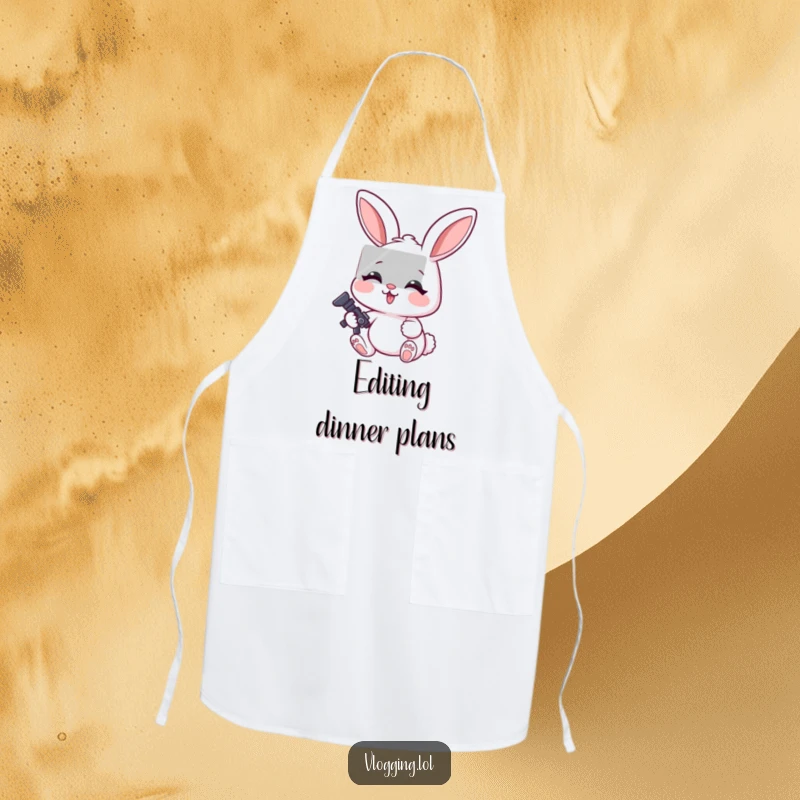 Funny apron showing a cheerful rabbit with a highly focused expression, seemingly editing a recipe video.