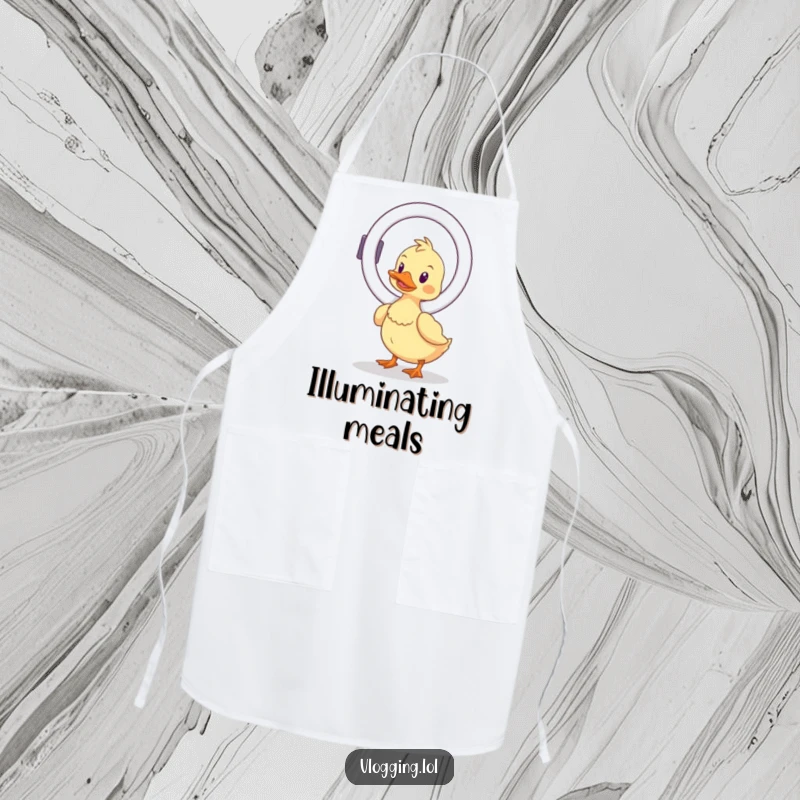 Funny wobbly duck apron, humorously balancing a ring light while cooking, a playful kitchen accessory for influencers and creators.