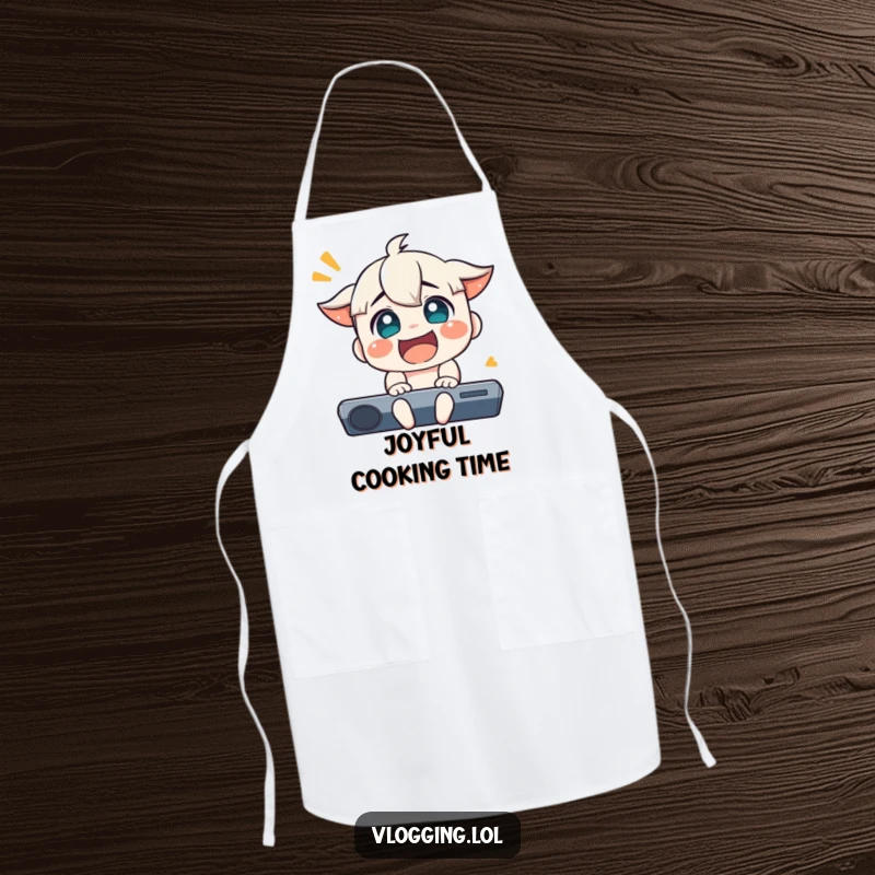 Funny apron showing a character with an extremely joyful and exaggerated reaction, bringing cheer to the kitchen.