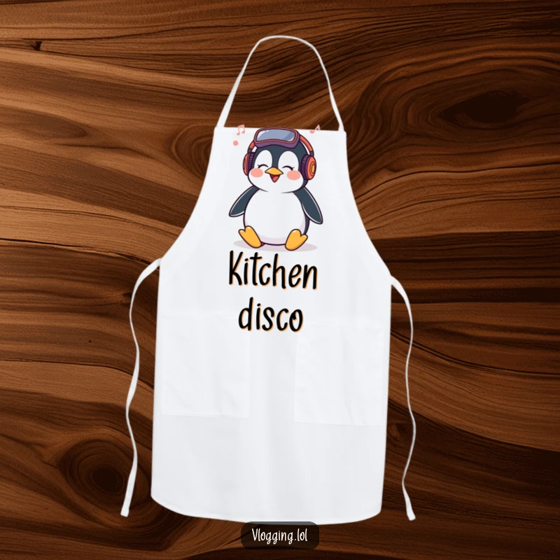 Funny Penguin Apron showing a giggling penguin bopping its head to music while cooking, a humorous and practical accessory.