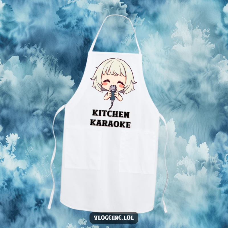 Funny Singer Apron: A smiling character holding a microphone, ready to cook up a 'hit' with humorous flair.