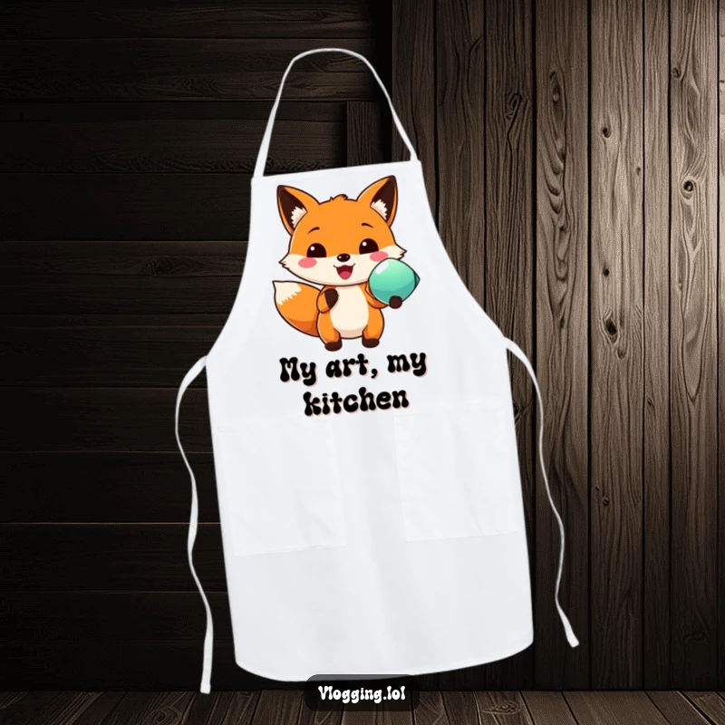 Funny apron showing a happy fox in a chef's hat proudly displaying a vibrant, colorful object during meal preparation.