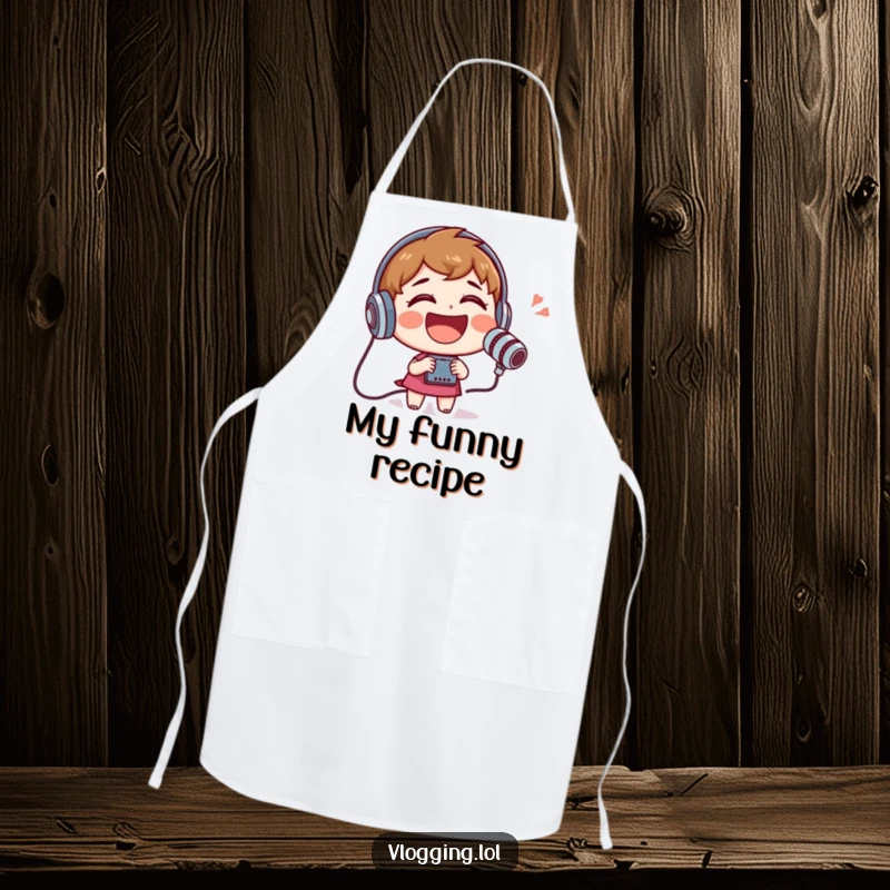 Funny apron featuring a cheerful character laughing heartily while speaking into a kitchen recording device, full of glee.