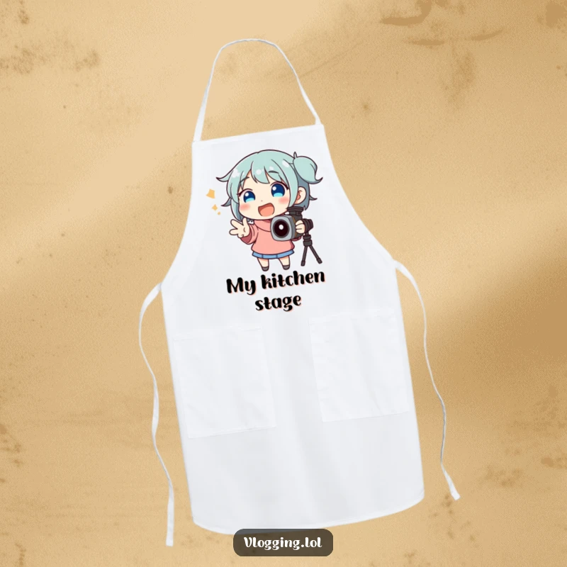 Funny apron showing a happy character gesturing wildly while enthusiastically speaking into a kitchen camera setup.