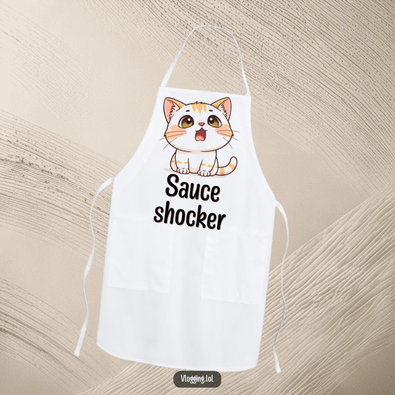 Funny apron with a cat displaying a comically surprised expression, eyes wide and mouth open, bringing humorous drama to cooking.