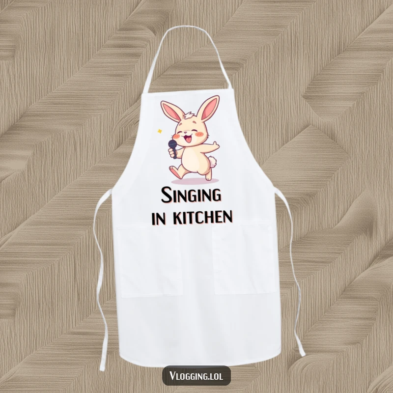 Funny apron showing a laughing bunny tripping while holding a microphone, adding humor to kitchen duties.