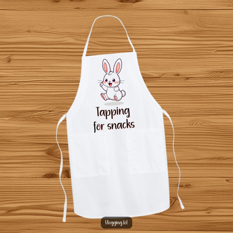 Funny apron featuring a bouncing bunny enthusiastically tapping on a digital screen, perfect for kitchen adventures with a humorous, techy touch.