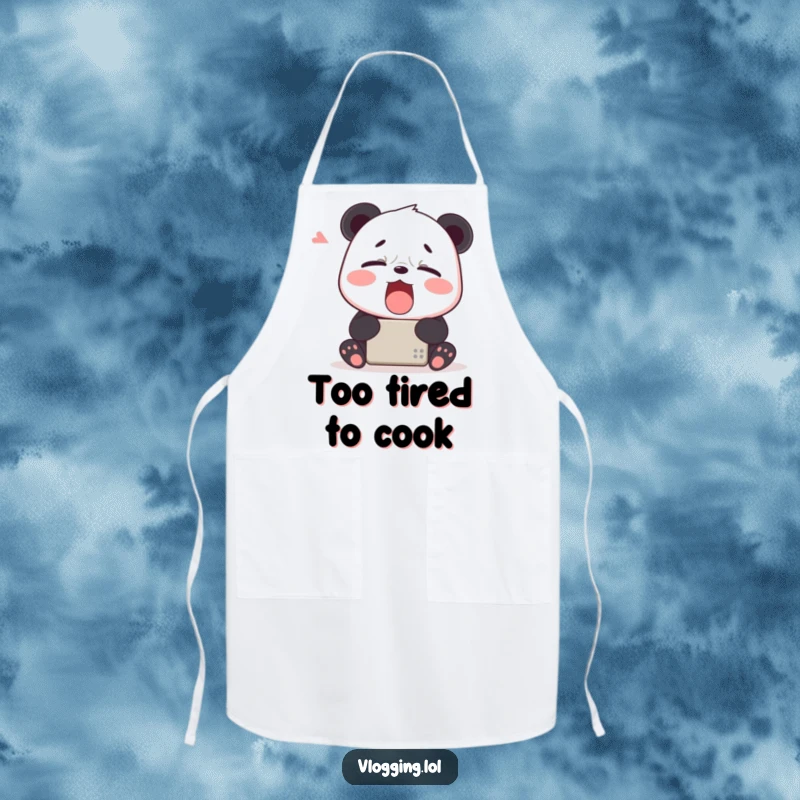 Funny apron featuring a tired panda yawning widely in front of a digital device, perfect for kitchen adventures with a humorous, sleepy touch.