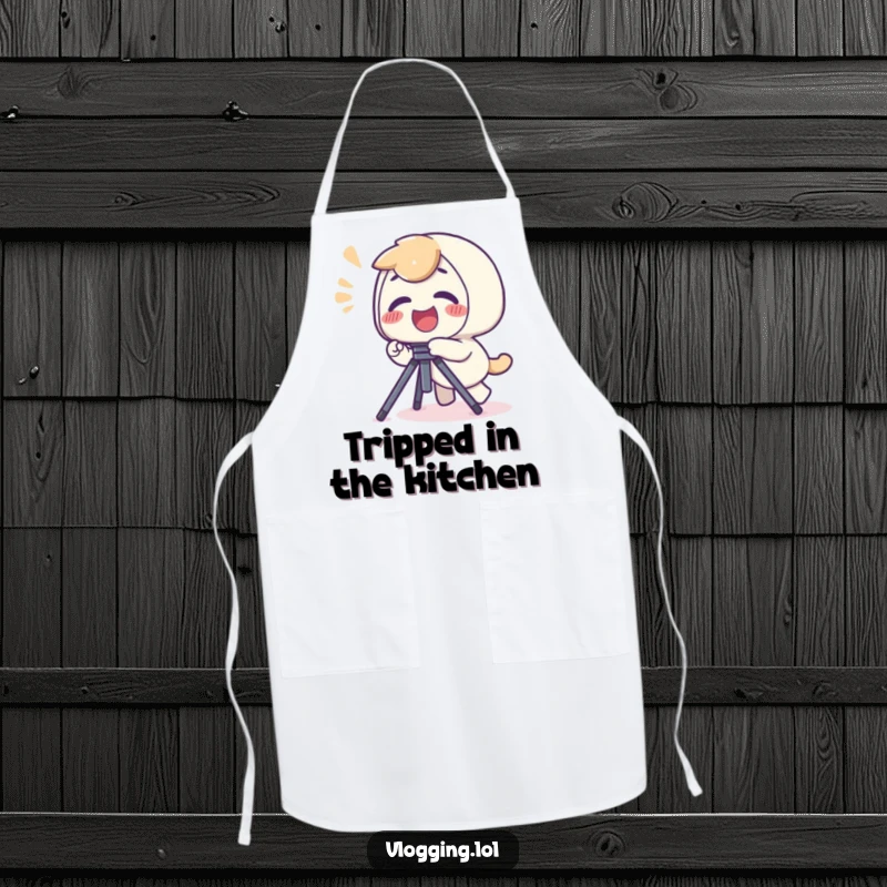 Funny apron depicting a giggling character tripping over a camera tripod, perhaps while trying to cook.