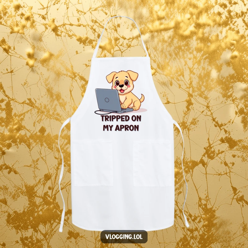 Funny kitchen apron featuring a surprised puppy tripping over a laptop while vlogging, great for a humorous creator chef.