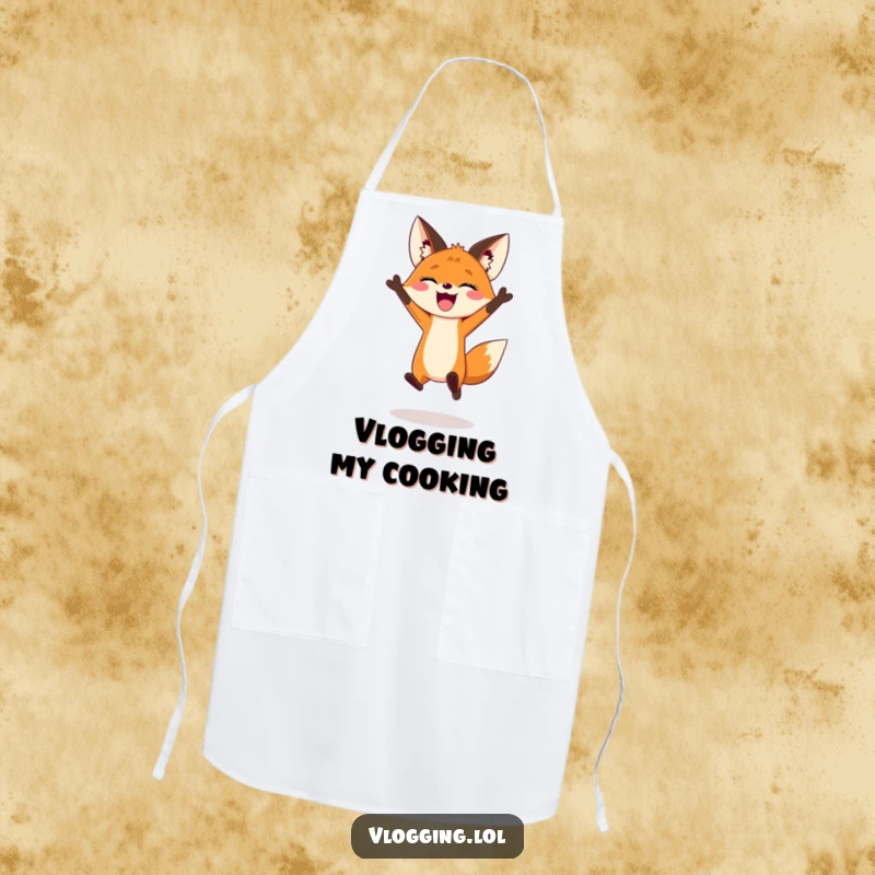 Funny apron featuring a joyful fox jumping dramatically for a vlogging intro, ideal for creative kitchen enthusiasts.