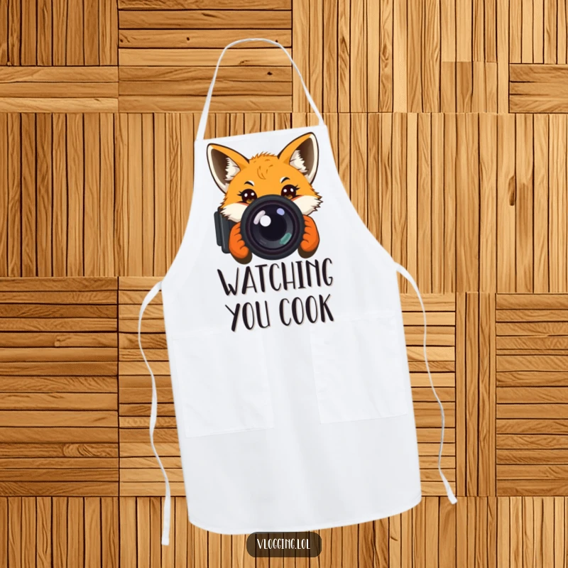 Funny apron featuring a curious fox peeking into a camera lens, perfect for kitchen adventures with a humorous, observant touch.