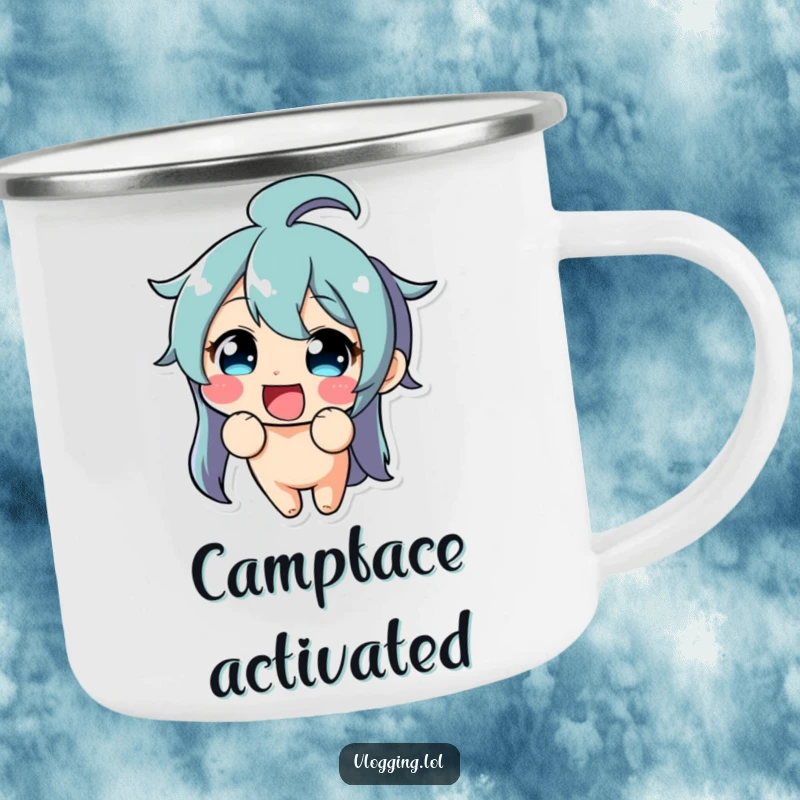 Funny camping mug illustrating a delighted character making a silly, exaggerated funny face towards the camera.