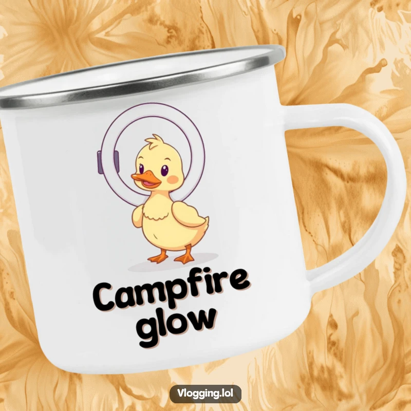 Funny wobbly duck camping mug, humorously balancing a ring light in the wild, perfect for outdoor creators who need good lighting.