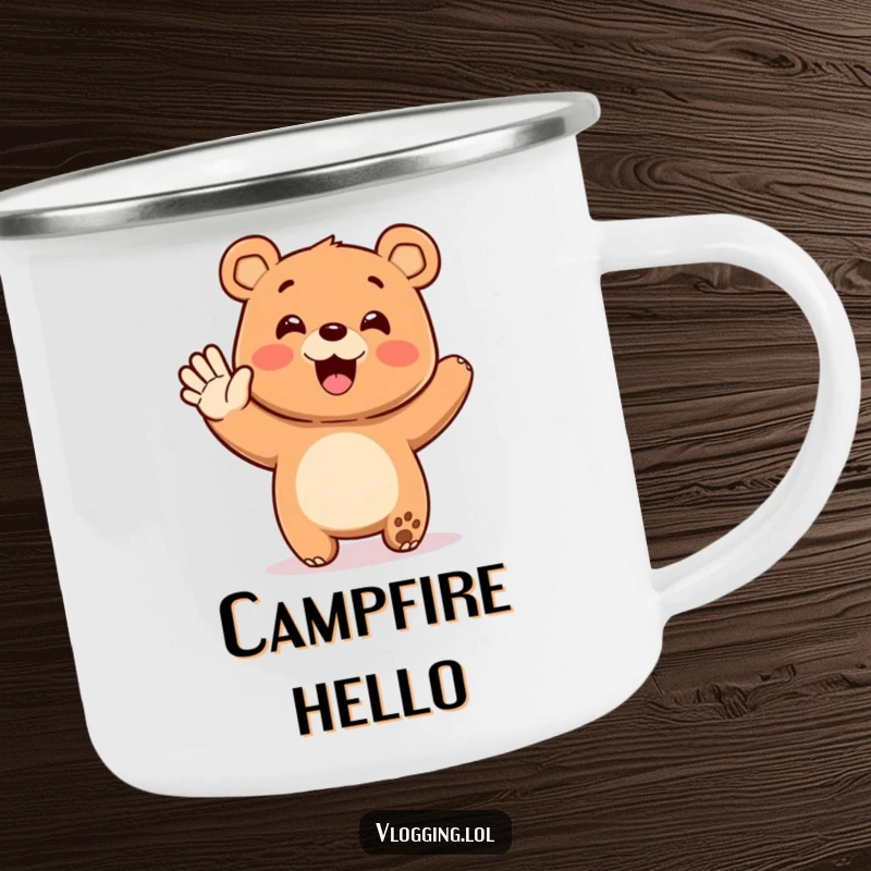 Funny camping mug with a happy bear enthusiastically waving at an unseen audience, perfect for sharing humorous welcomes outdoors.