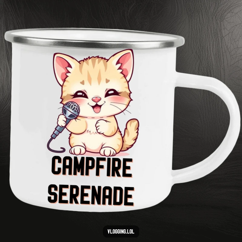 Funny Kitten Camping Mug featuring a giggling kitten holding a shiny microphone, ready for outdoor adventures. Durable and full of musical fun.