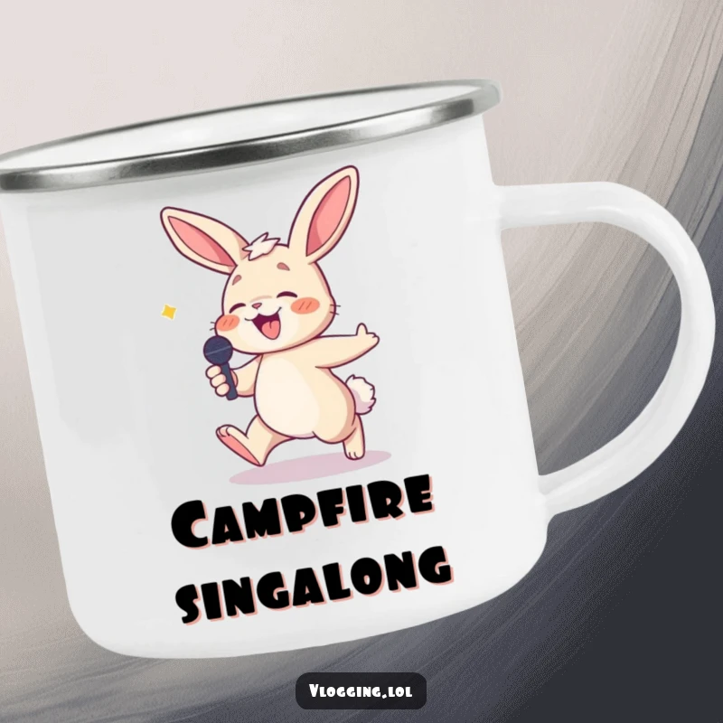 Funny camping mug featuring a laughing bunny stumbling while holding a microphone, perfect for enjoying drinks in nature.