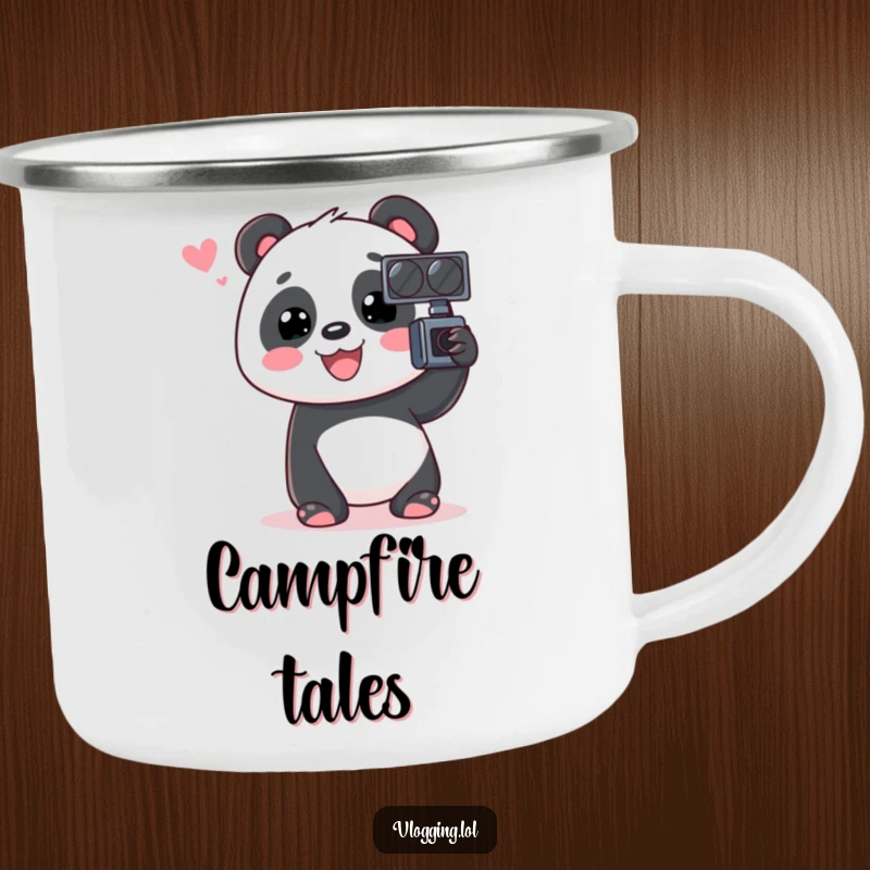 Funny Panda Camping Mug with a happy panda animatedly chatting into a video recorder, perfect for adventurous vloggers.