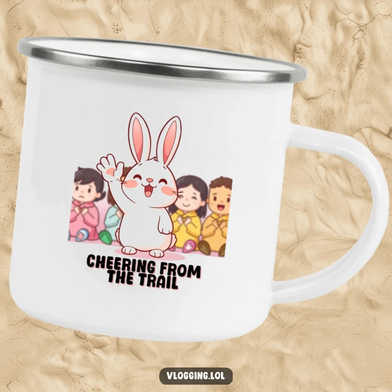 Funny Camping Mug: A cheerful rabbit waving excitedly, adding joy to outdoor adventures, a durable funny gift.