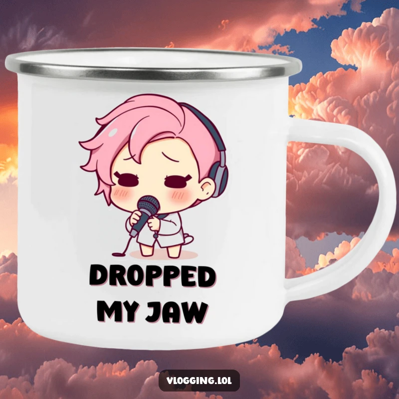 Funny camping mug with a surprised character letting go of a microphone, their face etched with shock.