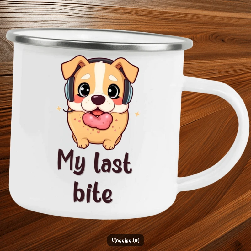Funny bagel dog camping mug: A bagel wearing headphones looks surprised as a playful dog approaches, ready for a snack. Outstanding funny gift.