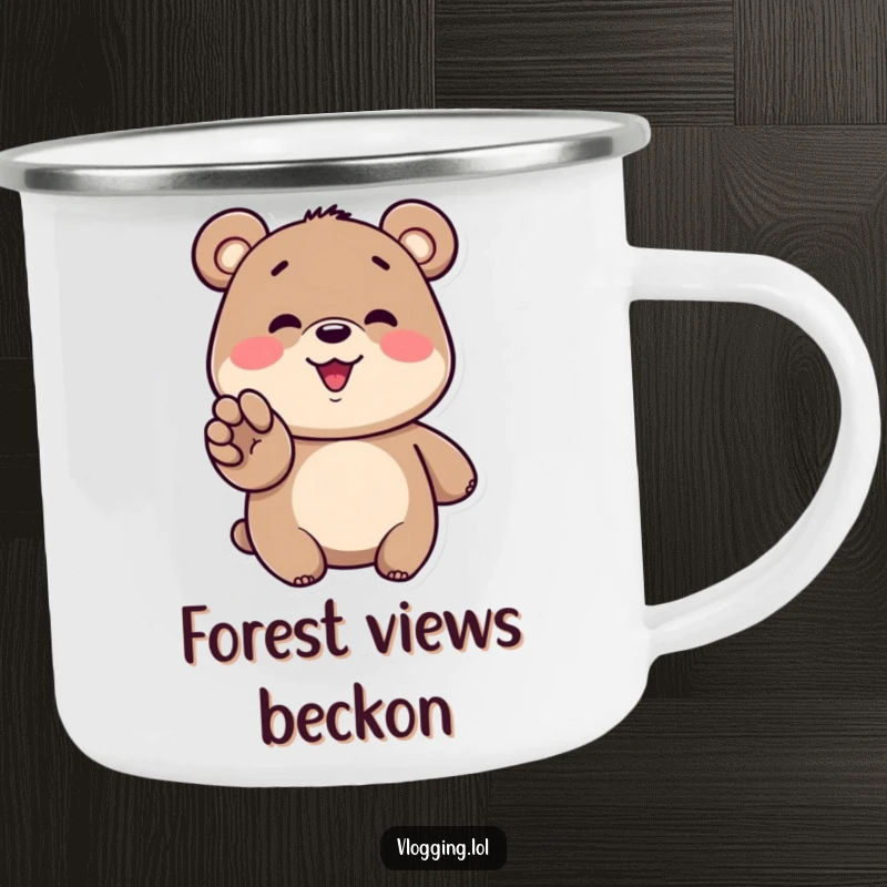 Funny bear camping mug showing a smiling bear gesturing enthusiastically towards a screen, perfect for outdoor enthusiasts.