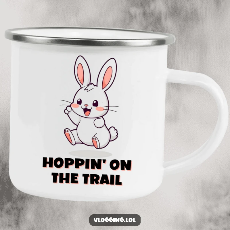 Funny camping mug showing a bouncing bunny enthusiastically tapping on a digital screen, perfect for outdoor adventures and humorous enjoyment.
